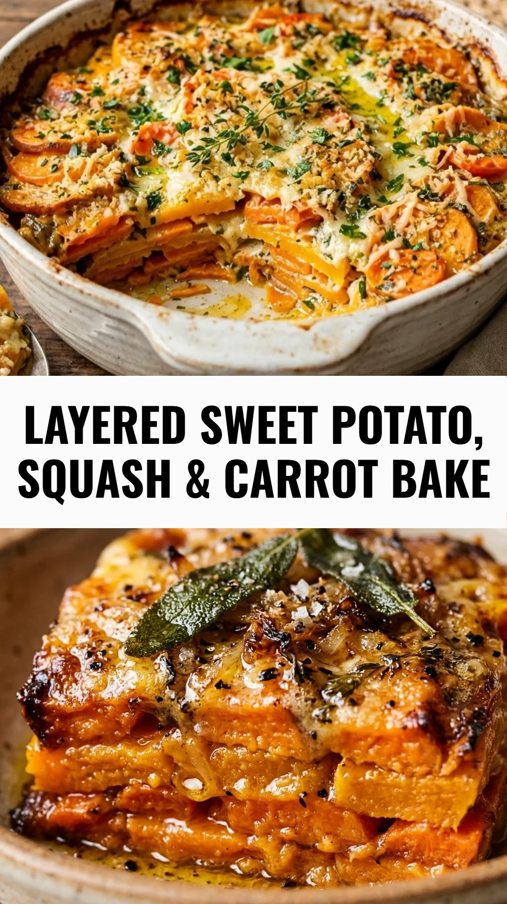 Layered Sweet Potato, Squash & Carrot Bake