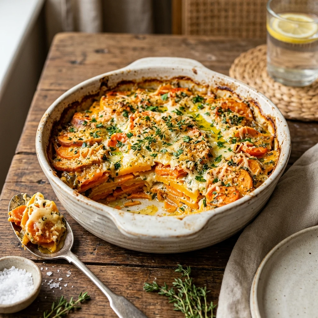 Layered Sweet Potato, Squash & Carrot Bake