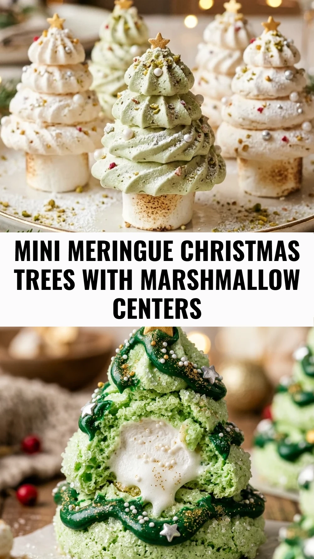 Mini Meringue Christmas Trees with Marshmallow Centers