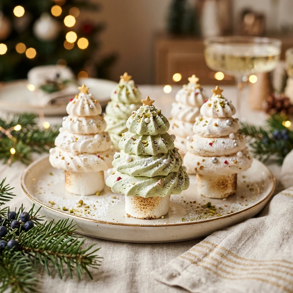 Mini Meringue Christmas Trees with Marshmallow Centers