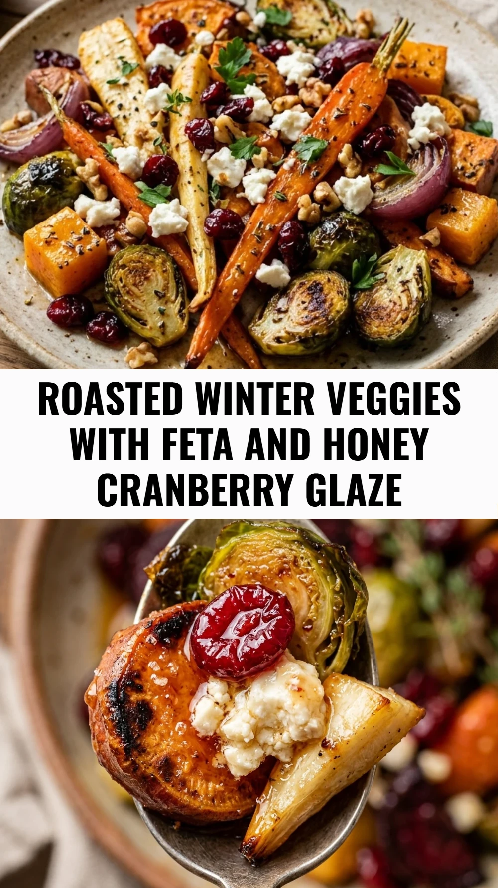 Roasted Winter Veggies with Feta and Honey Cranberry Glaze