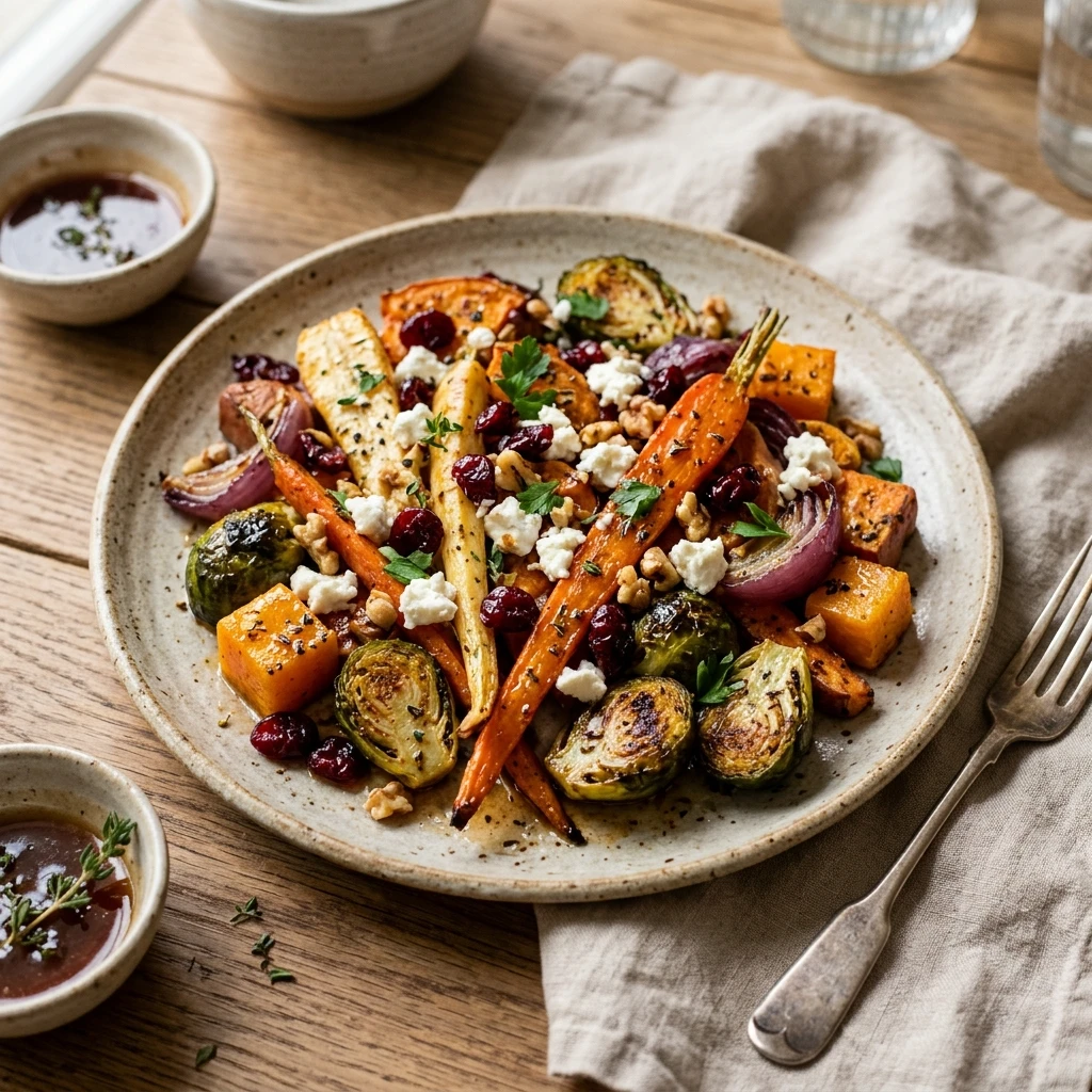 Roasted Winter Veggies with Feta and Honey Cranberry Glaze