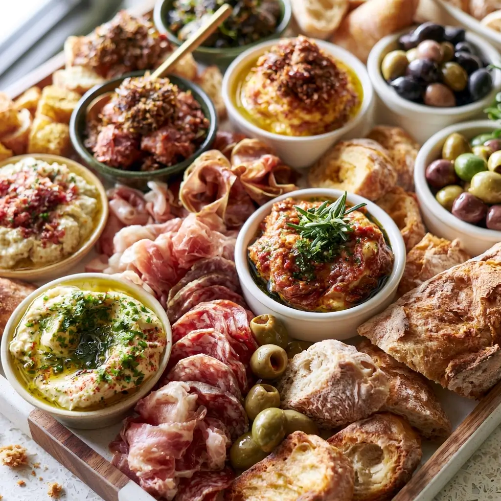 Grazing Table With Bread Dips And Cured Meats
