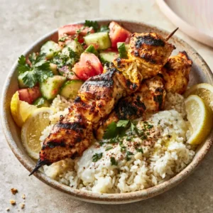 Mediterranean Rice Bowl With Grilled Chicken Tawook Skewers