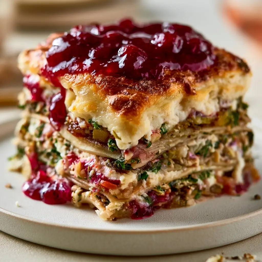 Layered Vegetarian Lasagna With A Festive Cranberry Glaze For Thanksgiving Dinner