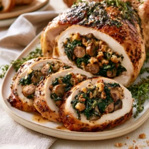 Stuffed Turkey Breast With Sausage, Mushrooms And Swiss Chard For Thanksgiving Dinner
