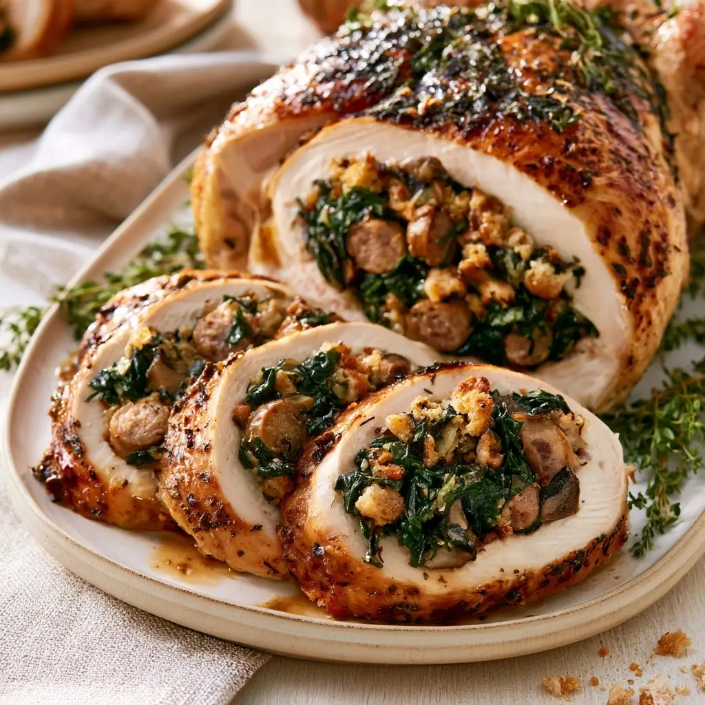 Stuffed Turkey Breast With Sausage, Mushrooms And Swiss Chard For Thanksgiving Dinner